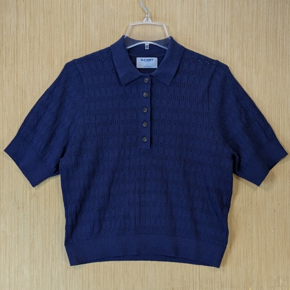 Old Navy Women Preppy Old Money Knit Polo Sweater Top Size L Navy Blue Pointelle